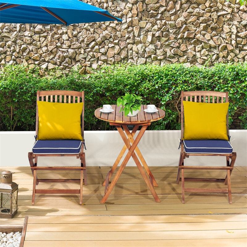 3PCS Patio Bistro Set Acacia Wood Folding Bistro Table Chair Set with Padded Cushions for Outdoor Garden Yard