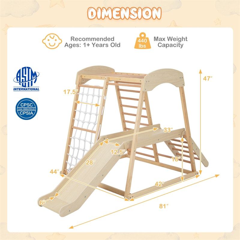 6-in-1 Indoor Jungle Gym Large Wooden Playground Climber Playset Montessori Climbing Toys with Slide, Ladders & Wating Area for Toddlers Kids