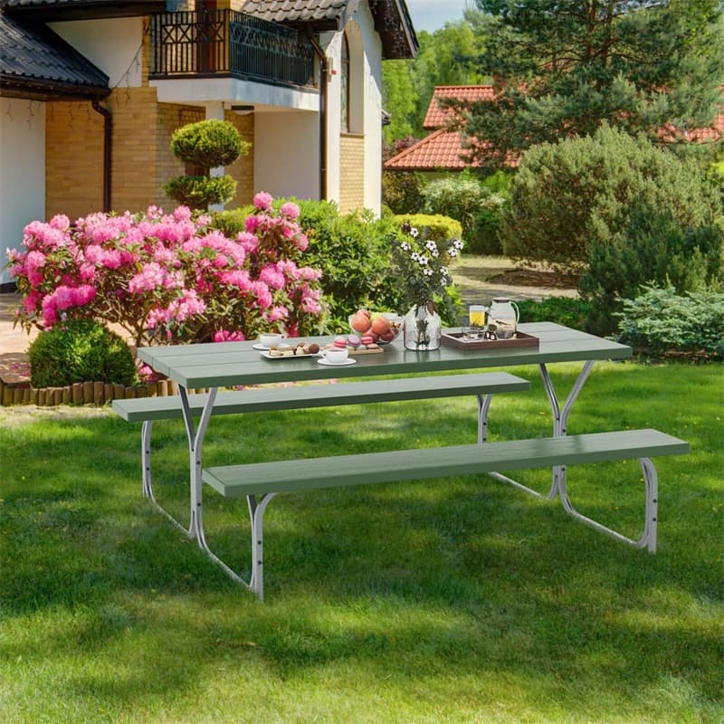 6FT Picnic Table & Bench Set for 8-Person, Heavy Duty Weather-Resistant Outdoor Dining Table with Umbrella Hole HDPE Tabletop & Built-in Benches