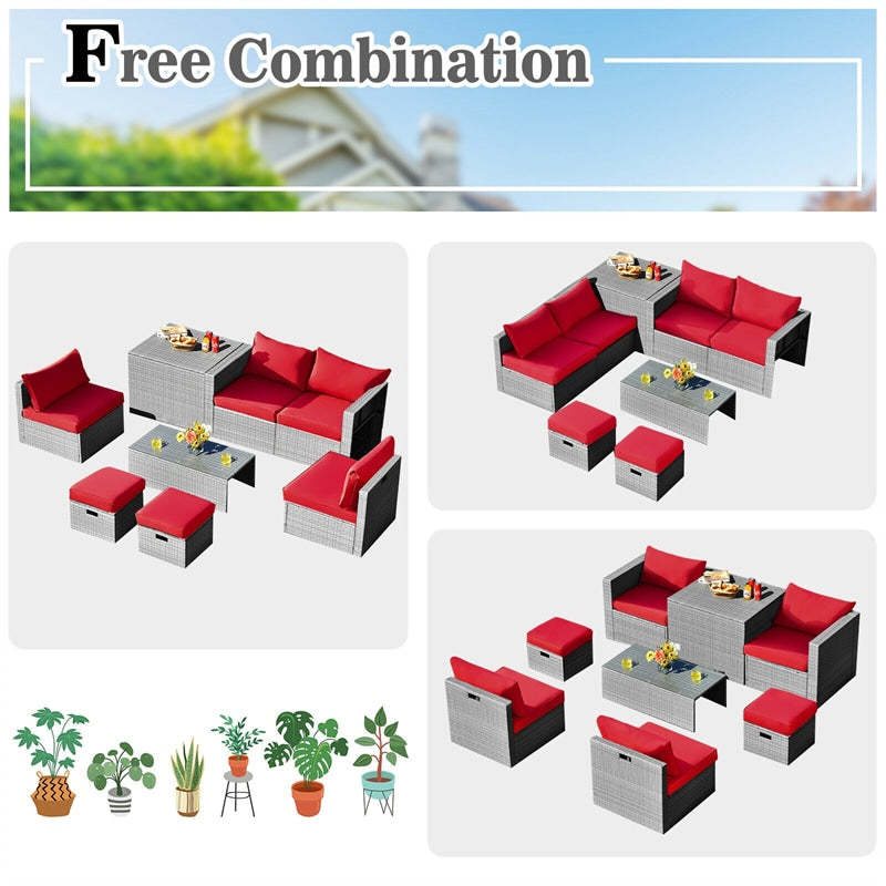 8 Piece Patio Furniture Set, PE Rattan Sectional Sofa Set with Storage Box, Ottomans, Coffee Table, Waterproof Cushions for Poolside/Balcony