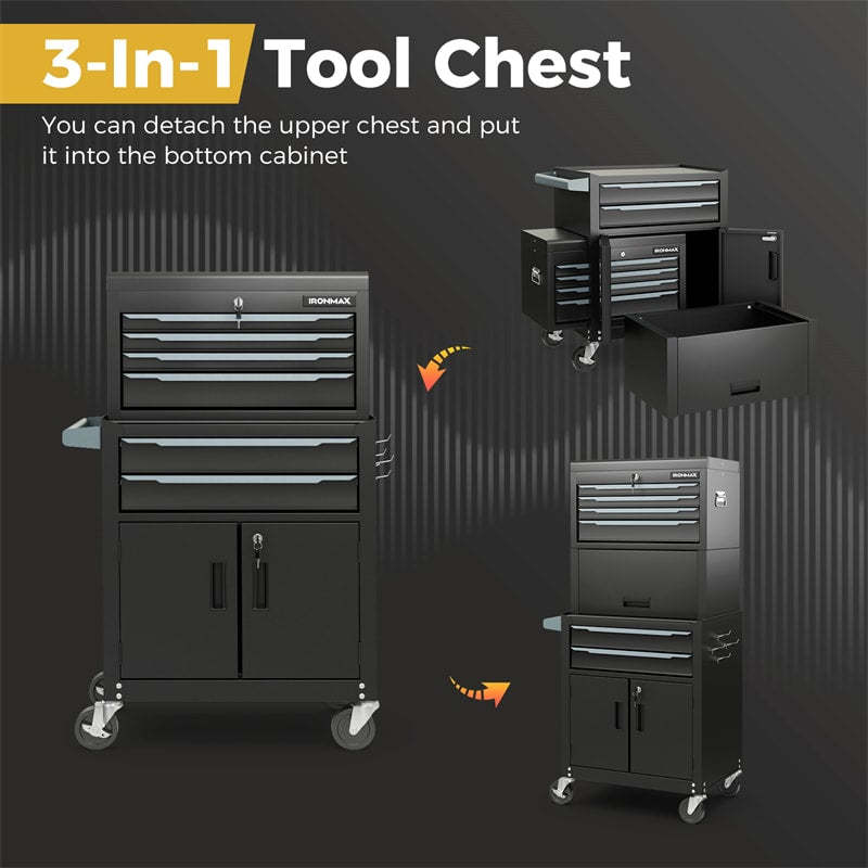 6 Drawer Rolling Tool Chest, 3-in-1 Extra Large Tool Storage Cabinet with Lockable Wheels & Auto Lock, Heavy-Duty Tool Box for Garage, Workshop