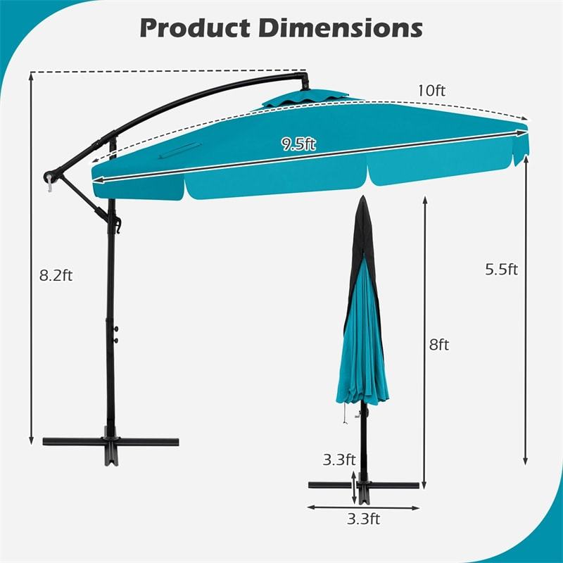 10FT Offset Cantilever Umbrella with Cover, Tilt Adjustment & Crank, 8-Rib Heavy-Duty Vented Ruffled Patio Umbrella for Poolside/Garden/Deck