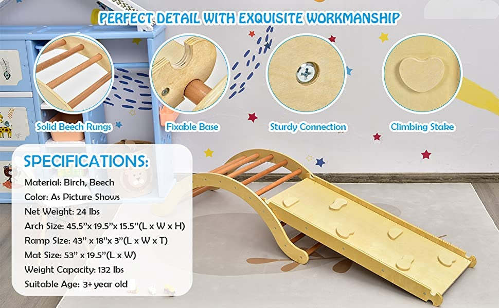 3-in-1 Toddlers Climbing Toys Montessori Wooden Arch Climber Ladder Rocker with Ramp & Padding