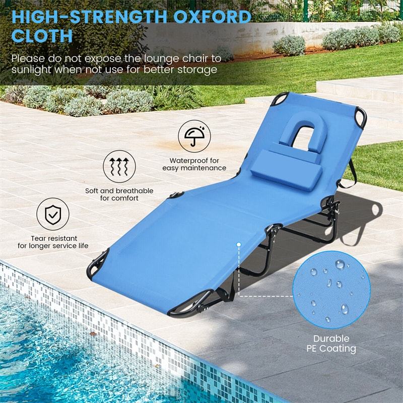 Folding Beach Chaise Lounge Chair, 5-Position Adjustable Sunbathing Recliner with Face Hole, Removable Pillows, Carry Strap, 350LB Support