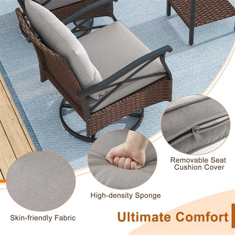 3 Piece Outdoor Swivel Rocking Chairs Set 360° Swivel Rocker Patio Chairs with Cozy Seat & Back Cushions, 2-Tier Tempered Glass Side Table for Garden