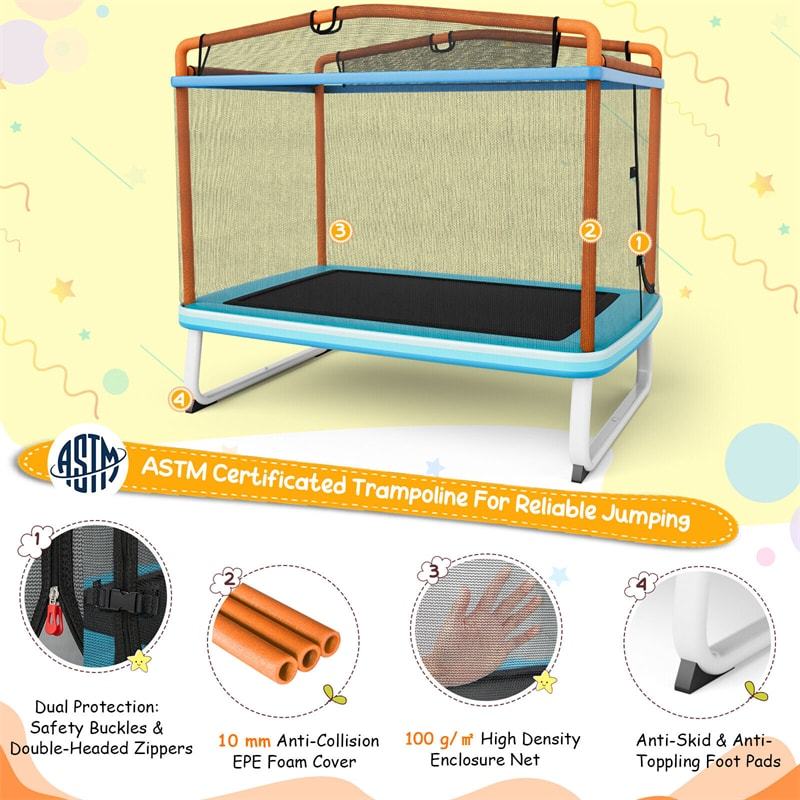 6FT Rectangle Kids Trampoline with Enclosure Net, Horizontal Bar & Swing, ASTM Approved Recreational Mini Trampoline for Toddler Indoor Outdoor