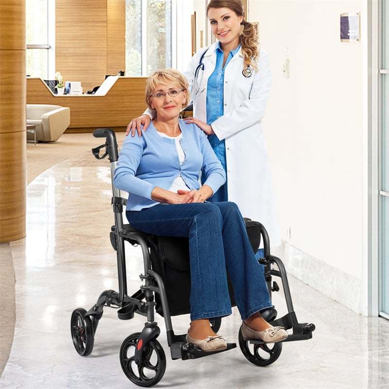 2-in-1 Folding Rollator Walker with Seat for Seniors, Aluminum Medical Walker Transport Chair Combo with 8" Wheels, Adjustable Handle & Backrest