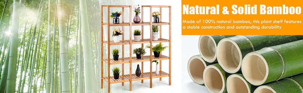 5 Tier Multifunctional Bamboo Shelf Rock Plant Display Stand (12 Pots)