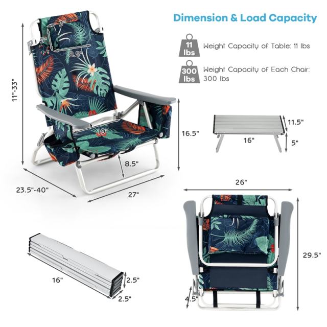 3PCS Folding Backpack Beach Chairs with Side Table, Cooler Bag, Cup Holder, 5-Position Reclining Beach Chairs for Camping Sunbathing