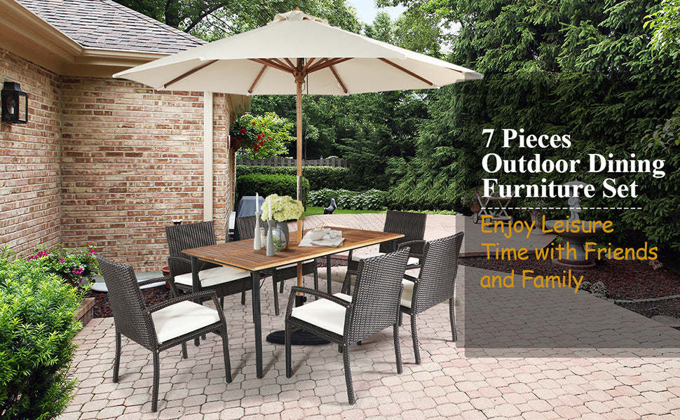 7 Pieces Acacia Wood Wicker Patio Dining Set with Cushions & Umbrella Hole