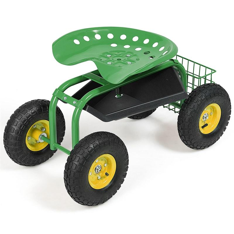 Rolling Garden Cart with 360° Swivel Seat, Tool Basket, Adjustable Height, 300LB Capacity Heavy Duty Gardening Seat for Lawn, Yard Work, Seniors