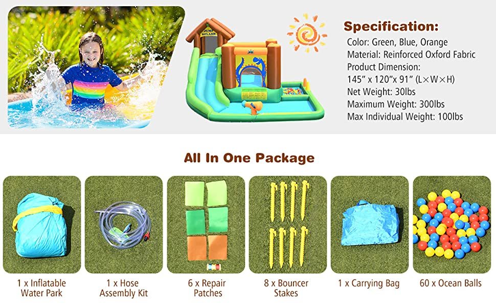 7 in 1 Kids Inflatable Water Slide Bounce House Splash Pool without Blower