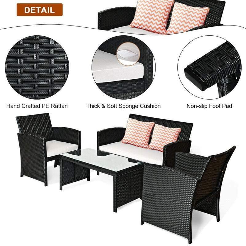 4-Piece Rattan Patio Furniture Set, Weather-Resistant Outdoor Wicker Conversation Sofa with Cushions & Tempered Glass Table for Backyard