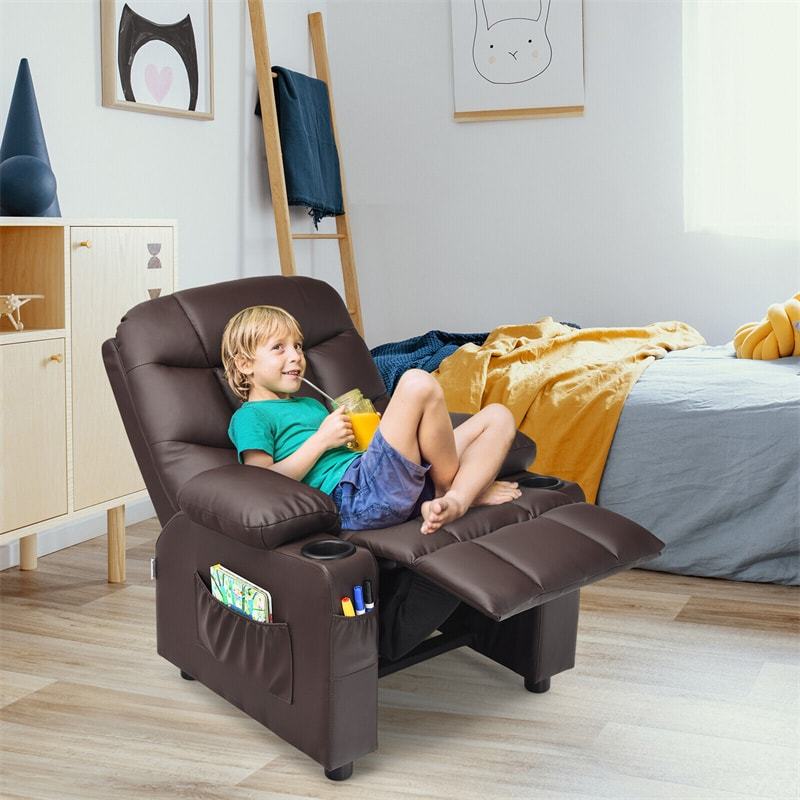 Kids Recliner Chair, Adjustable Velvet Recliner with Footrest, 2 Cup Holders & Side Pockets, Ergonomic Toddler Recliner Sofa for Boys Girls Room
