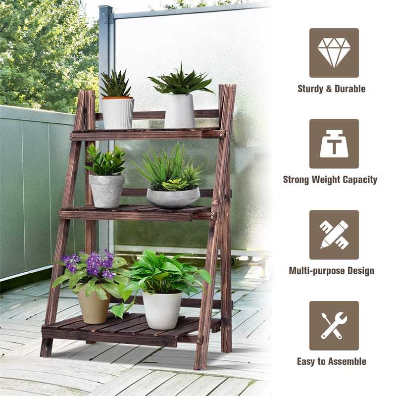 3 Tier Folding Wood Plant Stand Flower Pot Holder Display Rack Foldable Rustic Ladder Shelf for Home Patio Balcony Garden