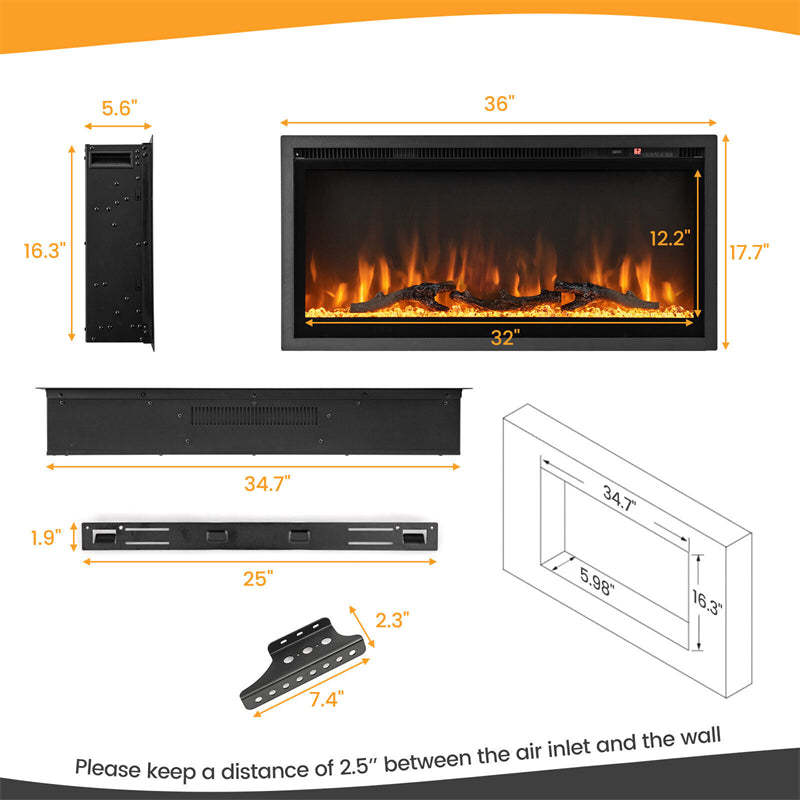 36" Linear Electric Fireplace Wall Mounted Freestanding Recessed Fireplace 1500W Slim Fireplace Heater with Remote Control