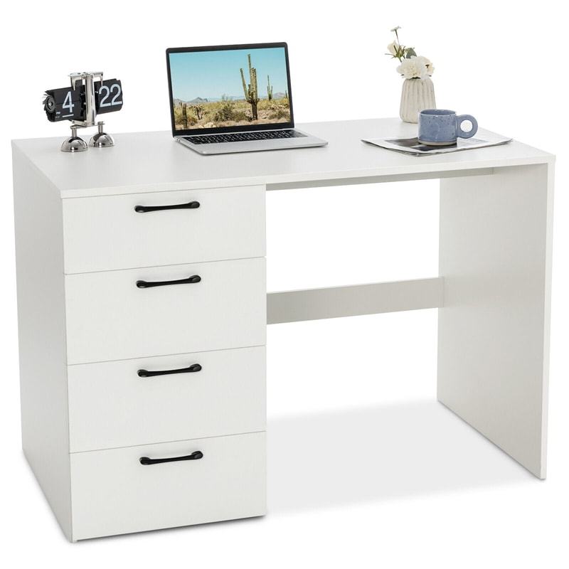 White Computer Desk 43.5" Writing Desk with 4 Large Storage Drawers, Modern Home Office Desk Executive Desk Wood Vanity Table
