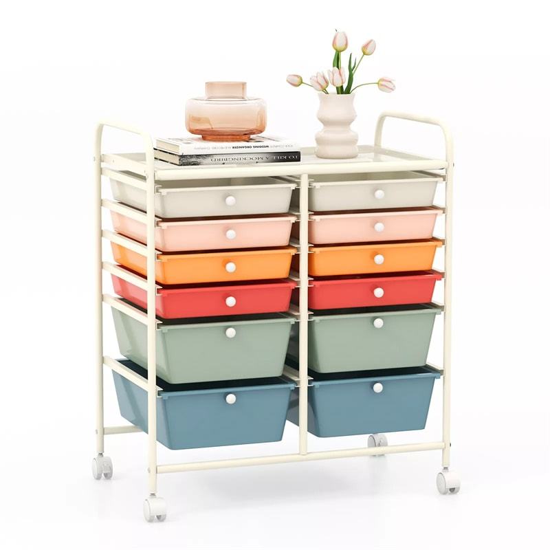 12-Drawer Rolling Storage Cart, Multipurpose Organizer Cart with Lockable Casters, Mobile Utility Cart for School Office Beauty Salon