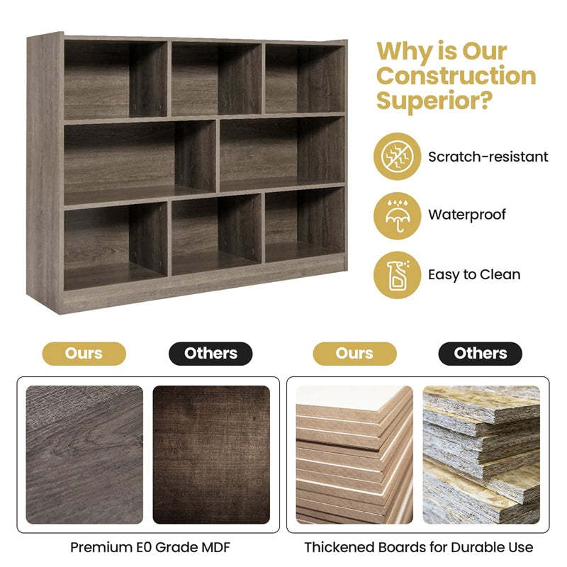 3-Tier 8-Cube Open Bookcase Wood Storage Bookshelf Display Cabinet for Living Room Bedroom Study Reading Nook