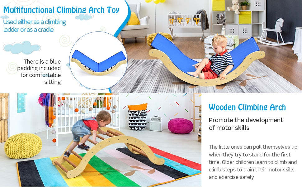 3-in-1 Toddlers Climbing Toys Montessori Wooden Arch Climber Ladder Rocker with Ramp & Padding