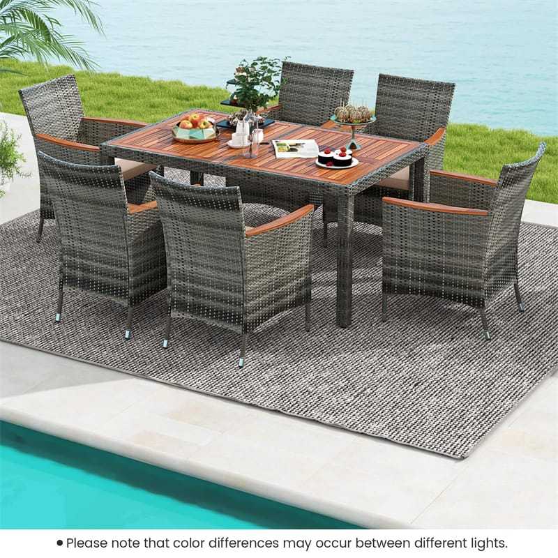 7 Piece Rattan Patio Dining Set with Umbrella Hole Acacia Wood Table, 6 Cushioned Armchairs, Outdoor Wicker Dining Table Set with Cushions for 6