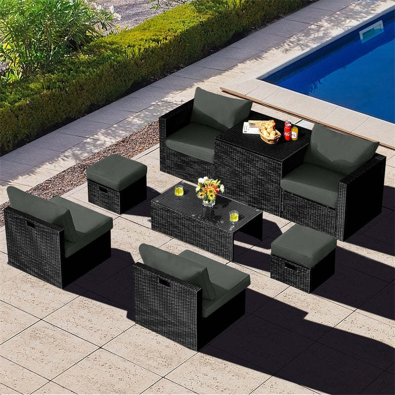 8PCS Wicker Outdoor Sectional Set, Patio Rattan Furniture Set with Storage Box, Coffee Table, Sofas, Ottomans, Cushions & Waterproof Cover