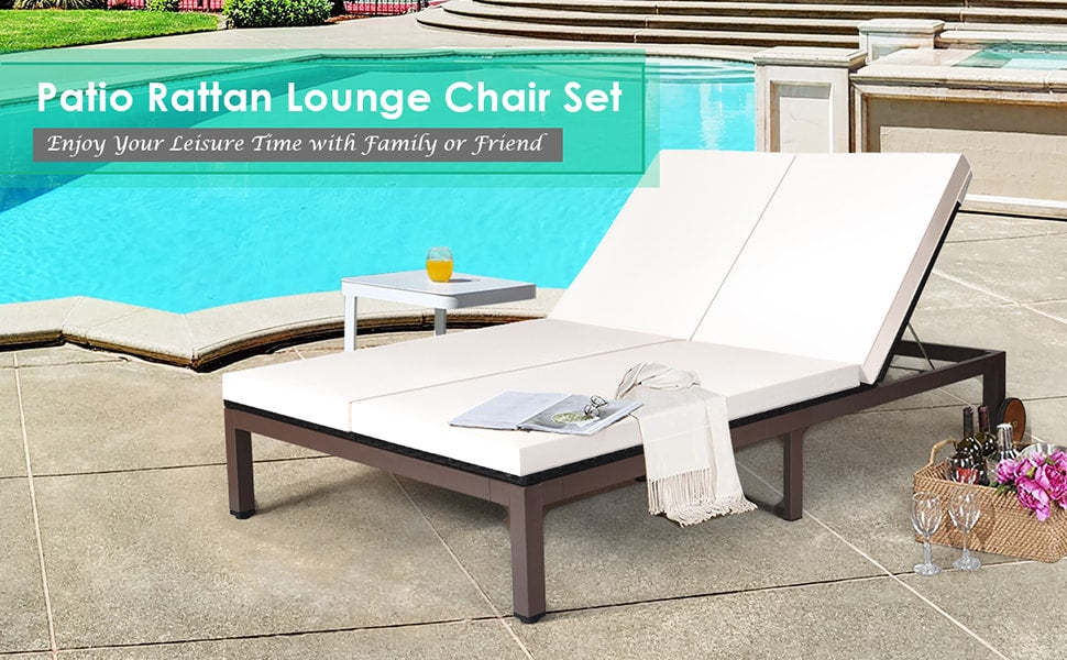 2-Person Patio Rattan Chaise Lounge Outdoor Wicker Daybed Adjustable Backrest Reclining Chair with Cushions & Wheels