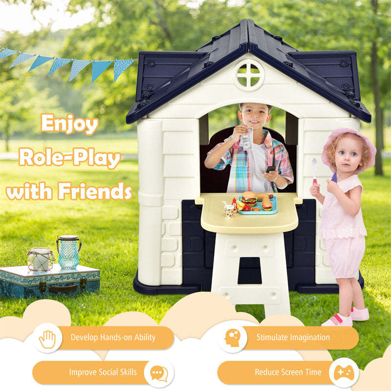 Kids Playhouse, Cottage Pretend Play House with 7PCS Toy Set, Picnic Table & Waterproof Cover for Indoor Outdoor, Boys & Girls Gifts