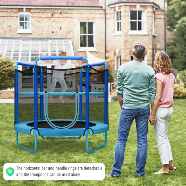 60" Mini Kids Trampoline, ASTM Approved Indoor Outdoor Toddler Trampoline with Swinging Rings, Adjustable Horizontal Bar & Safety Enclosure Net