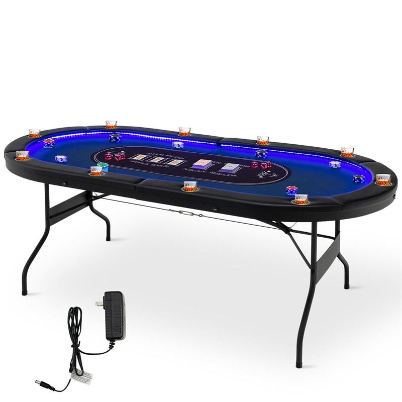 10-Player Poker Table, Foldable Casino Leisure Table Card Game Table Texas Holdem Table with LED Lights, Cup Holder & 4 USB Ports for Blackjack Board
