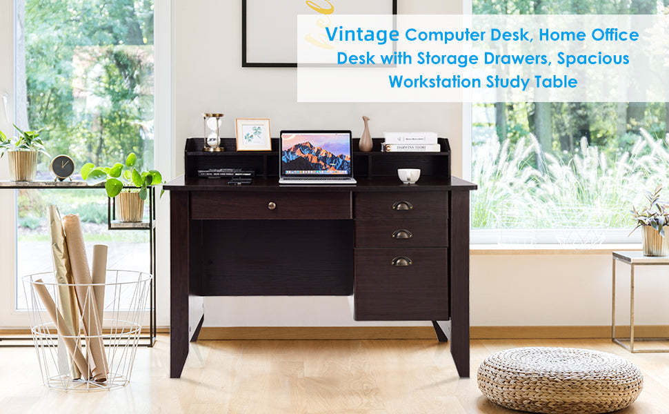 Vintage Computer Desk Wooden Home Office Desk with 4 Storage Drawers & Hutch