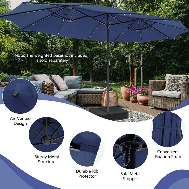 15FT Double-Sided Patio Umbrella with 48 Solar LED Lights & Crank Handle, Extra Large Outdoor Market Umbrella for Poolside, Deck, Backyard