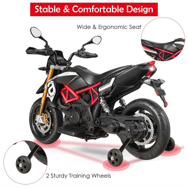 12V Kids Ride-On Motorcycle, Licensed Aprilia Electric Dirt Bike with Training Wheels, LED Lights & Music, Battery Powered Ride-On Car for Ages 3+