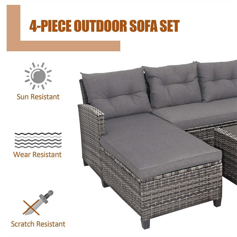 4 Piece Rattan Patio Conversation Set Sectional Sofa Set with Coffee Table & Cushions