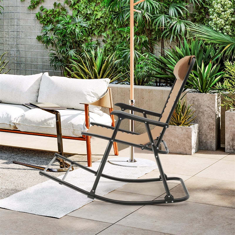 2PCS Folding Zero Gravity Rocking Chairs, High Back Outdoor Camping Rockers with Pillows, Armrests & Footrests, Portable Patio Lawn Chairs