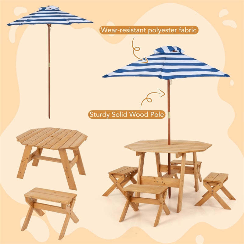 Kids Picnic Table & Bench Set, Fir Wood Octagon Table with Chairs & Removable Umbrella, Toddler Activity Furniture for Patio Garden Backyard