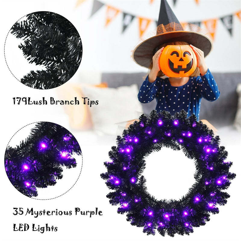 24 Inch Pre-lit Black Halloween Wreath with 35 Purple LED Lights