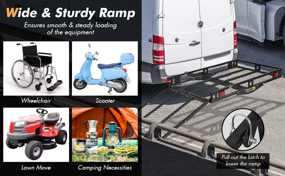 Mobility Scooter Carrier Heavy Duty Strong Folding Hitch Cargo Carrier Hitch Mount Wheelchair Carrier 500 Lbs with Ramp & 2 Tie Down Straps