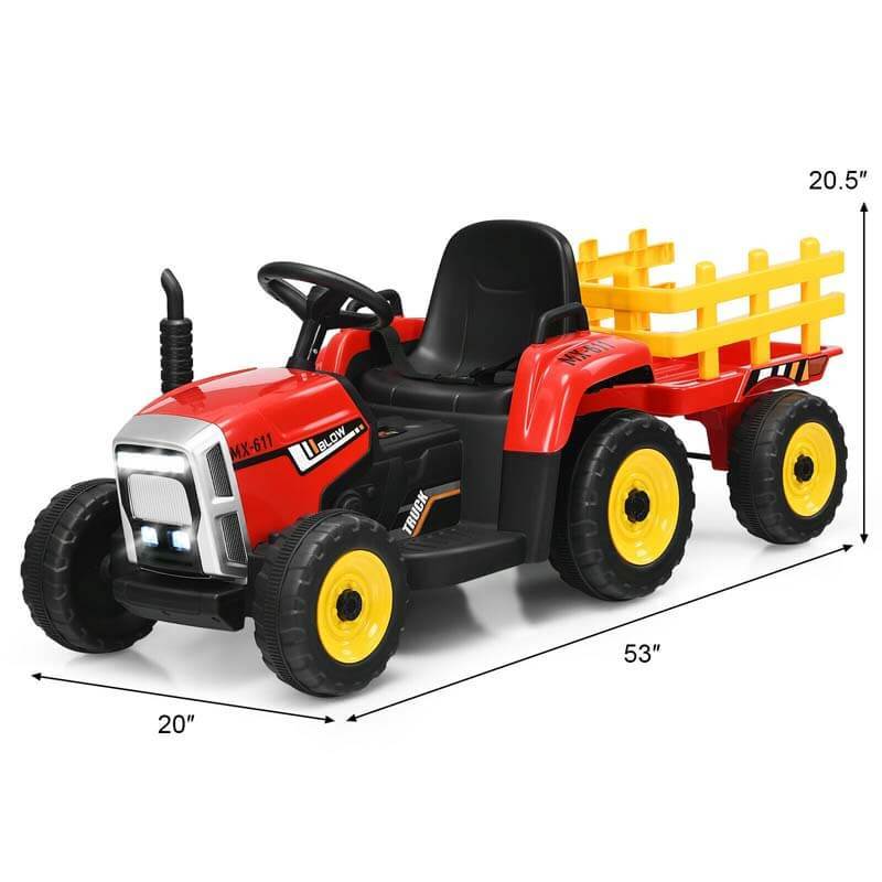 12V Kids Ride-On Tractor with Detachable Trailer, 3-Gear Ground Loader, LED Lights, Remote Control, Battery Powered Tractor Toy for Ages 3+