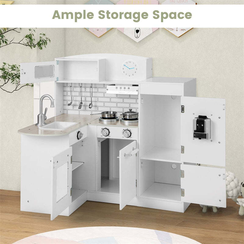 Kids Corner Kitchen Playset 8-in-1 Little Chef Wooden Pretend Play Kitchen Modular Toy Kitchen with Refrigerator & Lights Sounds