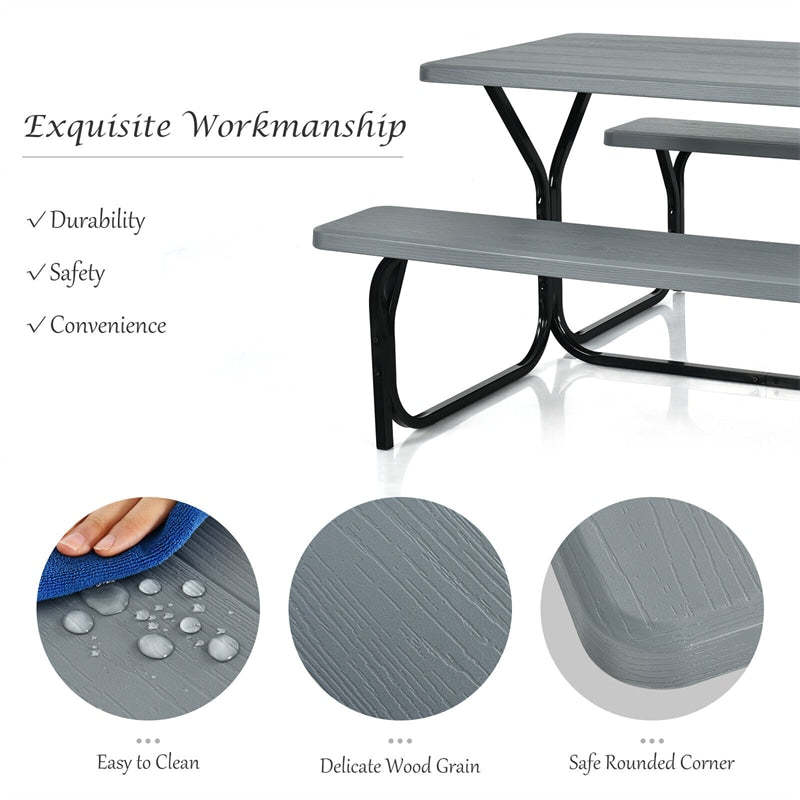 Outdoor Picnic Table Bench Set, All-Weather Metal Frame Camping Table with Built-in Benches & Wood-Like Tabletop for Backyard, Patio, Poolside