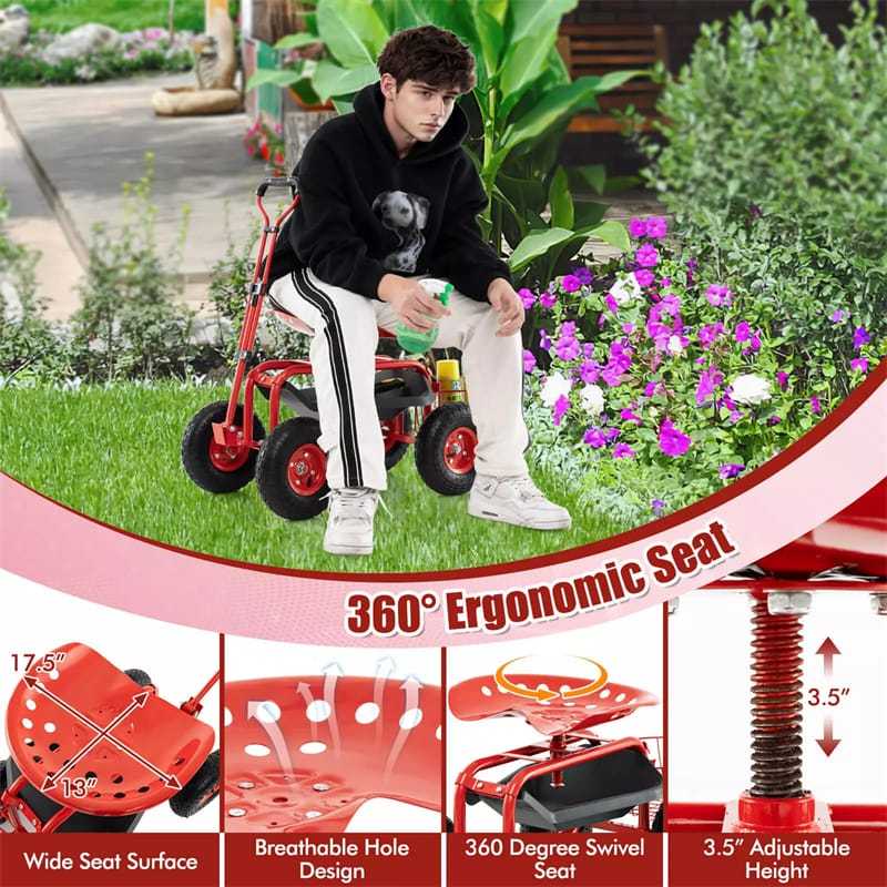 Heavy Duty Rolling Garden Cart with 360° Swivel Seat, Extendable Handle, Tool Tray & Storage Basket, 4-Wheel Gardening Workseat for Patio Yard