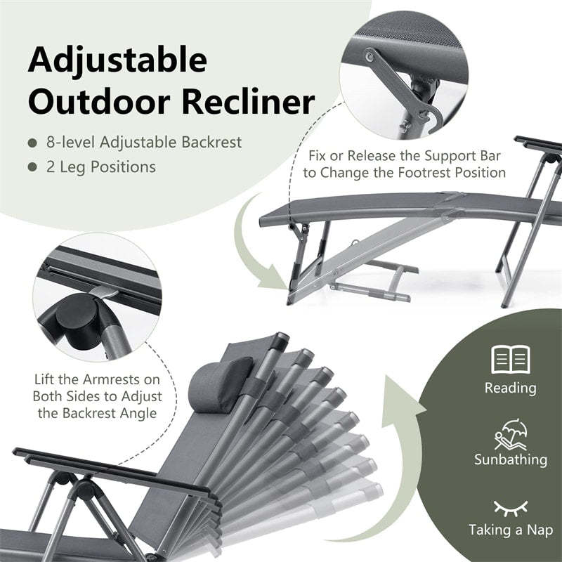 2PCS Aluminum Folding Chaise Lounge with Headrest Pillow, 8-Position Backrest & 2-Leg Adjustment, Reclining Lounge Chair for Poolside, Backyard, Beach