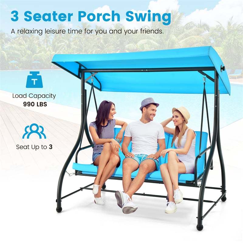 2-in-1 Convertible Patio Swing with Adjustable Canopy & Removable Cushions, Steel Frame 3-Person Outdoor Swing Bed for Deck/Backyard/Garden