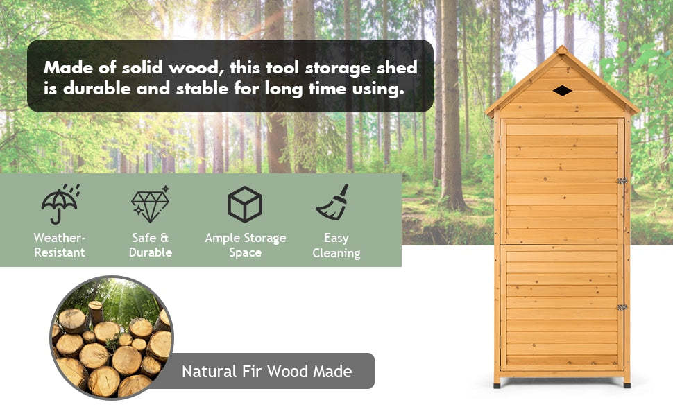 70" Wooden Outdoor Storage Shed Lockable Garden Tool Cabinet with 5 Shelves & Galvanized Sheet Roof