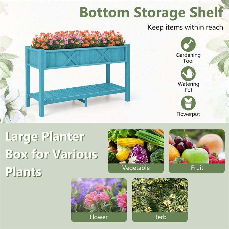 HIPS Raised Garden Bed Poly Wood Elevated Planter Box Weatherproof Standing Garden Bed with Legs, Storage Shelf & Drain Hole