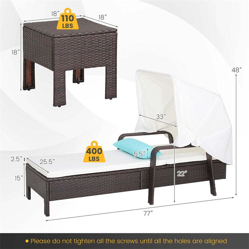 2-Piece Outdoor Chaise Lounge Chair & Table Set with Folding Canopy, Adjustable Backrest & Cushions, Rattan Patio Furniture for Poolside, Backyard