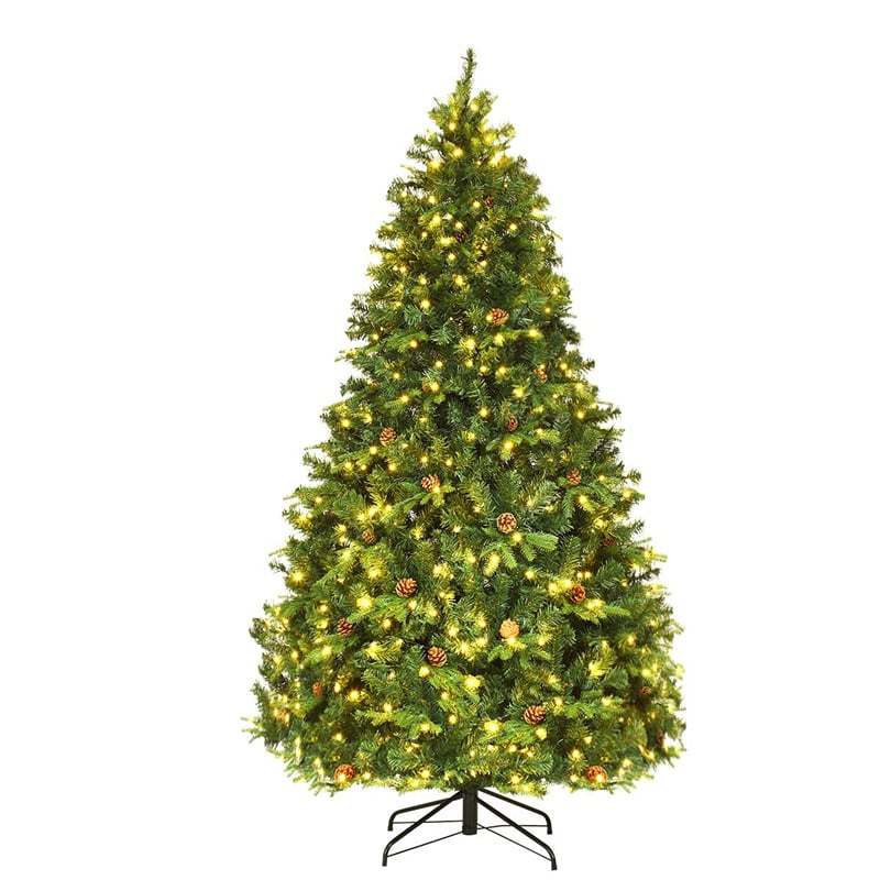 7/7.5/8 Feet Pre-Lit Artificial Christmas Tree Premium Spruce Hinged Tree with LED Lights & Pine Cones, Xmas Tree for Holiday Indoor Décor
