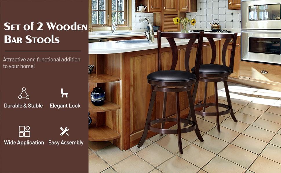 29" 360 Degree Swivel Bar Stools Set of 2 Leather Counter Height Stools with Backs