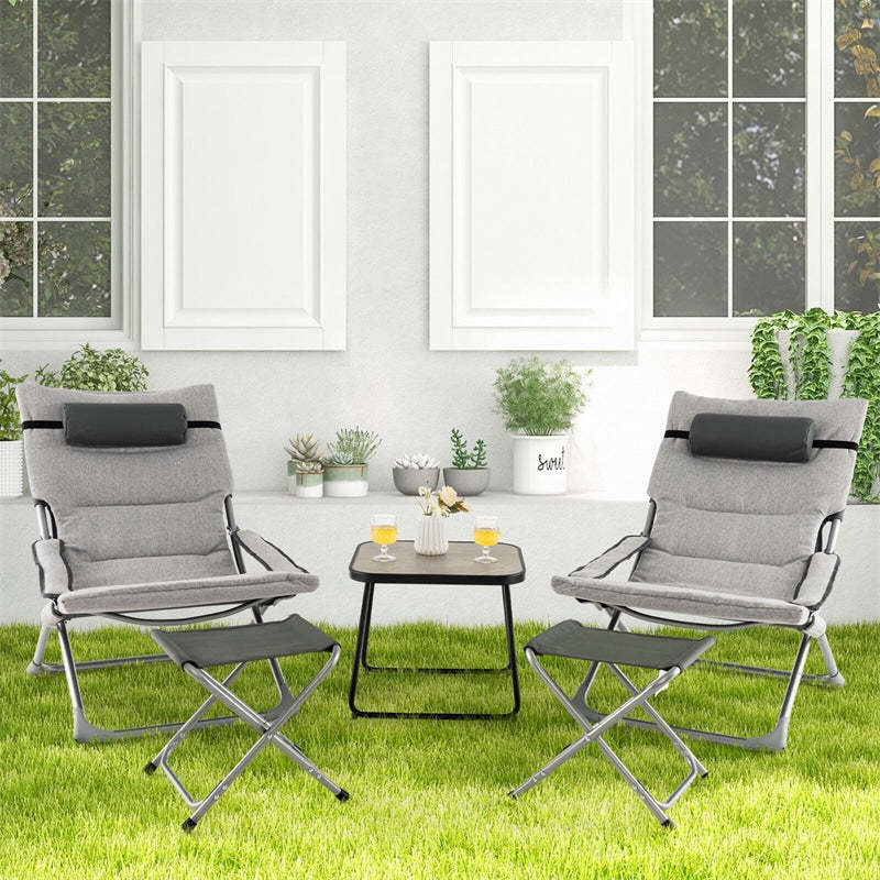 5PCS Patio Sling Chair Set, Folding Lounge Chairs with Ottoman, Coffee Table, Removable Cushion & Headrest, Portable Outdoor Reclining Set for Balcony
